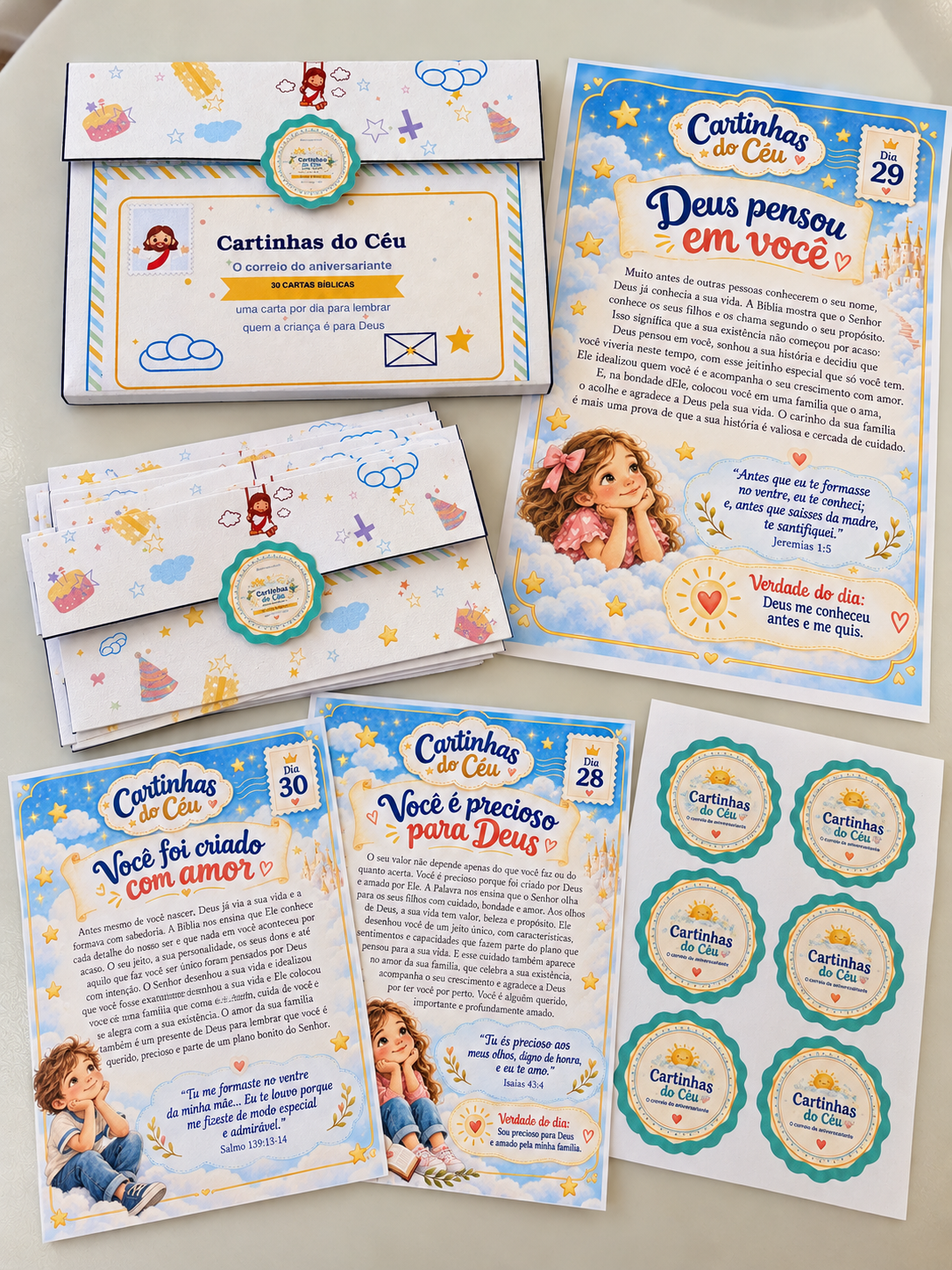 Cartinhas bíblicas dos dias 28, 29 e 30, envelopes temáticos, caixa das cartas e selos decorativos