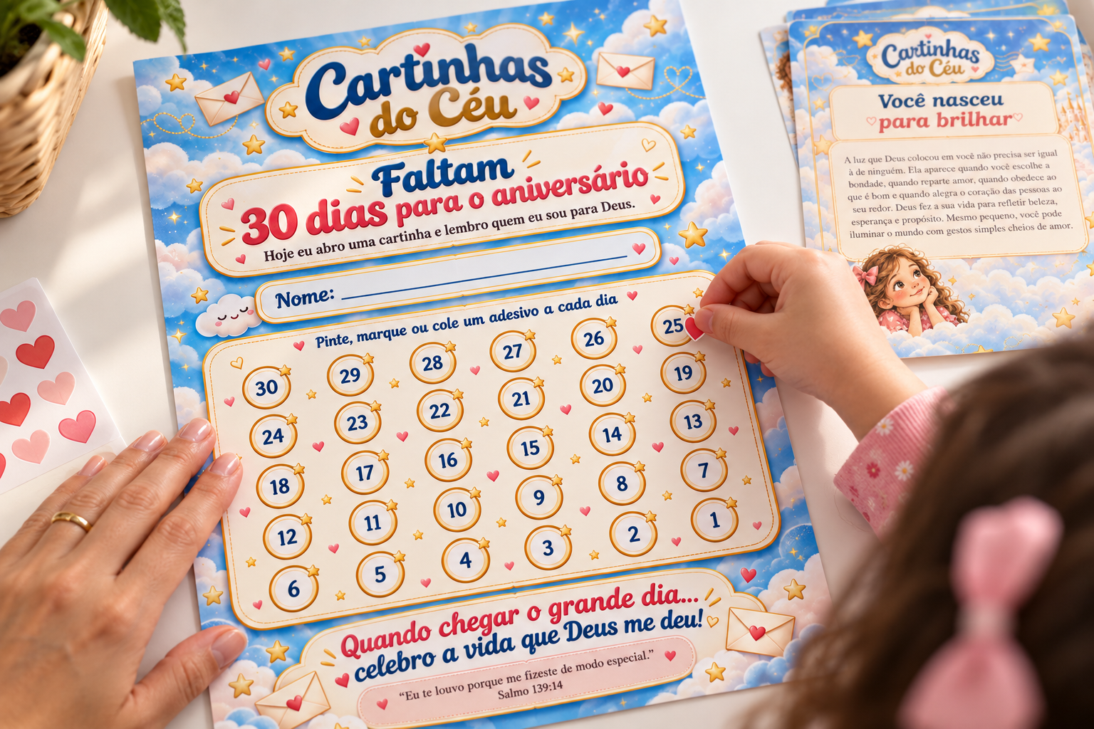 Painel de contagem regressiva de 1 a 30 sendo preenchido com adesivo