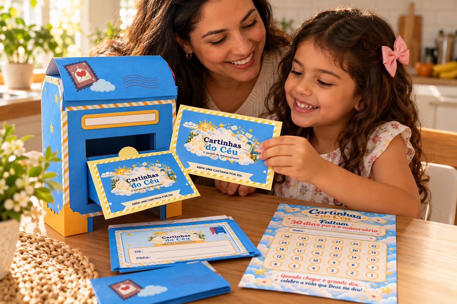 Mãe e filha sorrindo à mesa com a caixa de correio azul, as cartinhas e o painel de contagem regressiva dos 30 dias